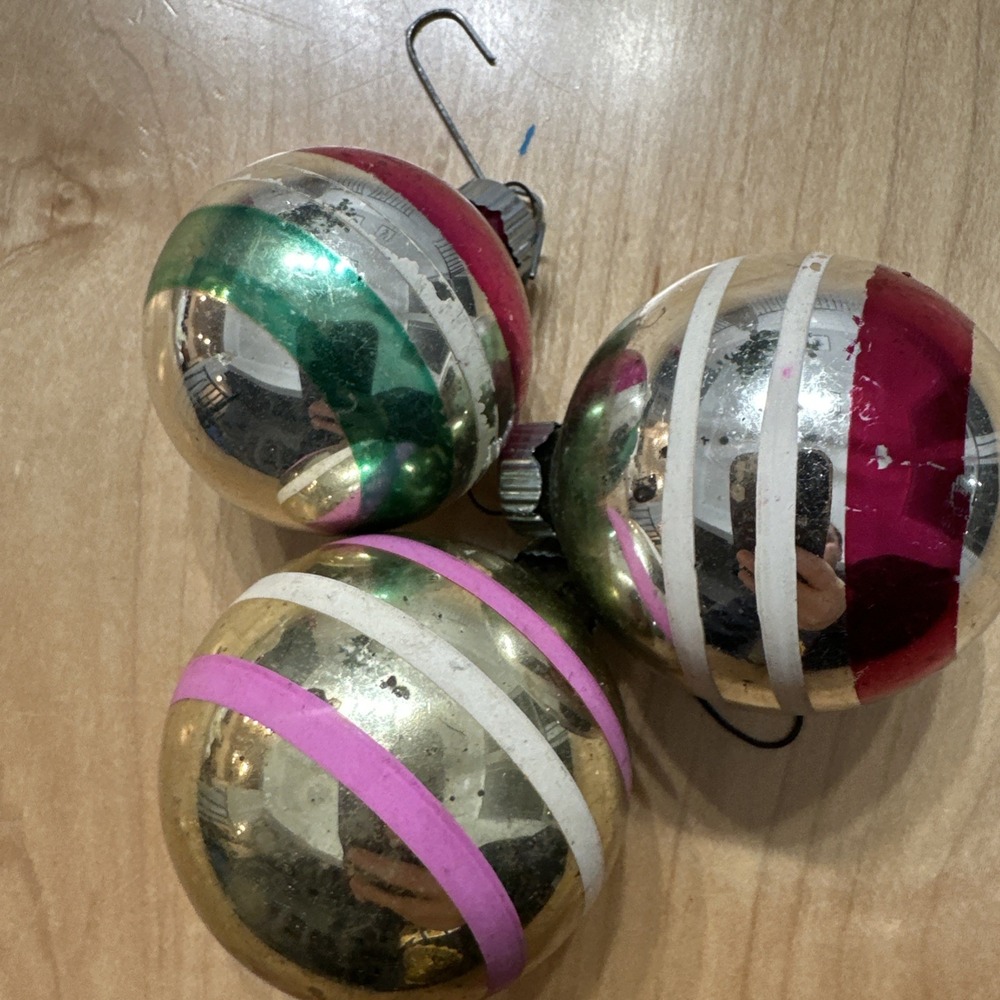 3 Shiny Brite Vintage Christmas Ornaments MCM Striped Glass Balls USA 1950s